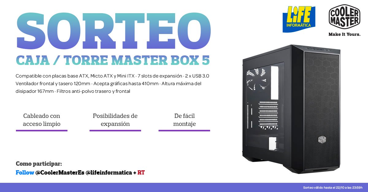 lifeinformatica's tweet photo. ¿Necesitáis caja nueva o queréis mejorar vuestro PC? Os lo ponemos fácil. Participad en el #sorteo de una caja @CoolerMasterEs MASTER BOX 5 https://t.co/MKvJPm4gO7