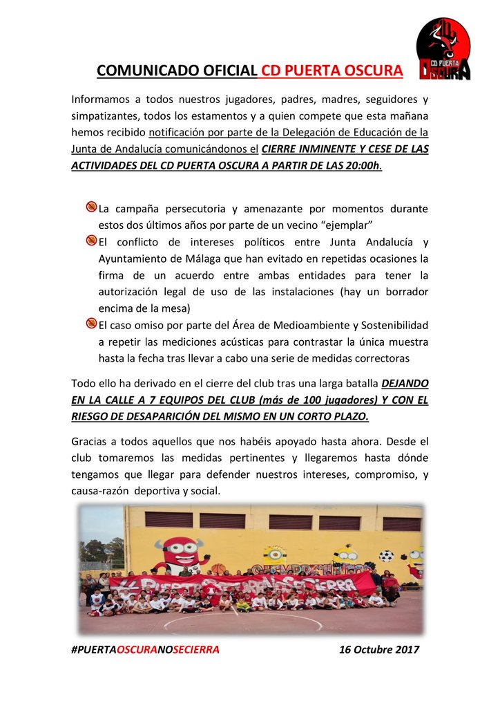 📣 COMUNICADO OFICIAL CD PUERTA OSCURA

📍 <a href="/JuntaInforma/">AndaluciaJunta</a> <a href="/malaga/">Ciudad de Málaga</a>
¡¡ NOS DEJAN EN LA CALLE !!

#PuertaOscuraNoSeCierra