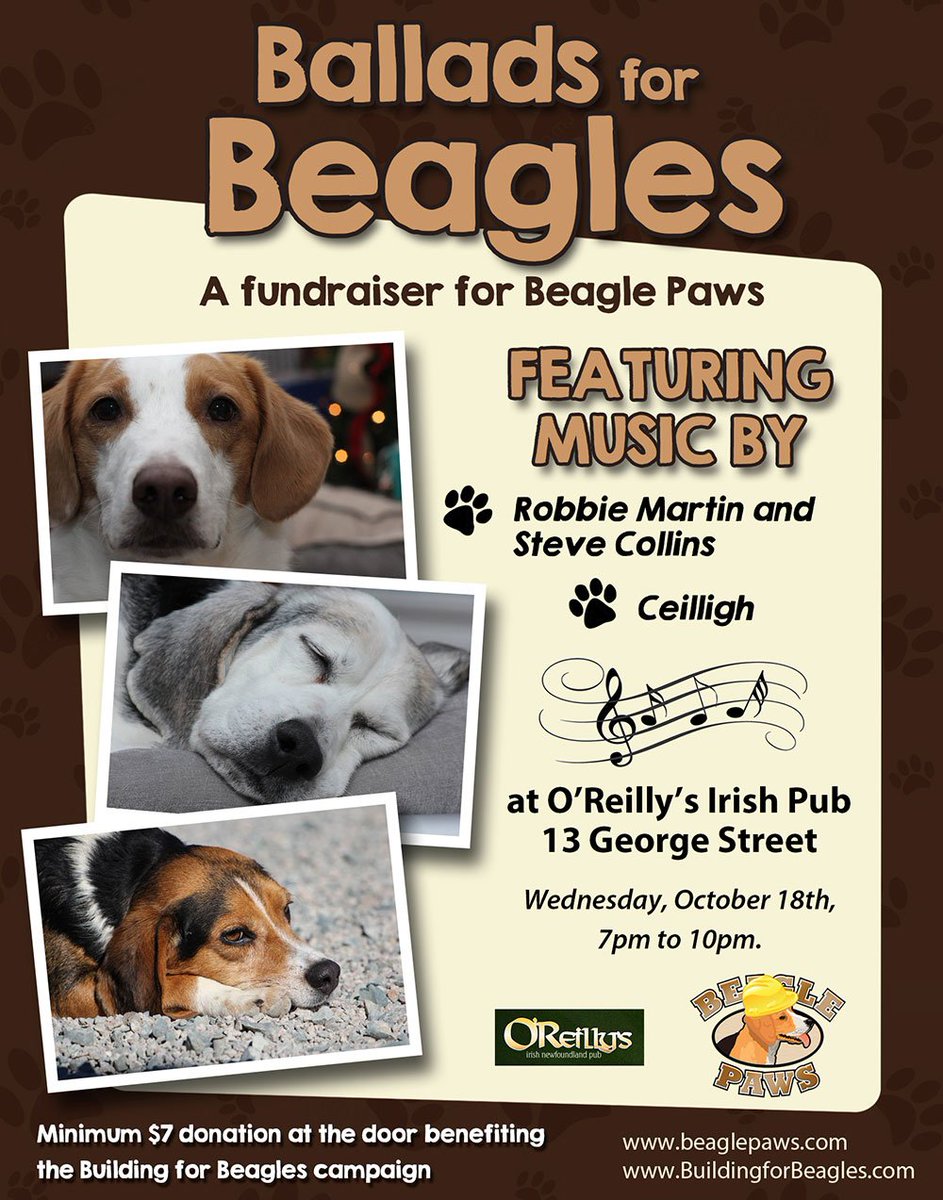 oreillys_pub's tweet photo. #BalladsForBeagles fundraiser Wed Oct 18, supporting the @BeaglePaws #BuildingforBeagles campaign! 7-10pm, w/ live music, prizes & more https://t.co/sH6Yih4JBm