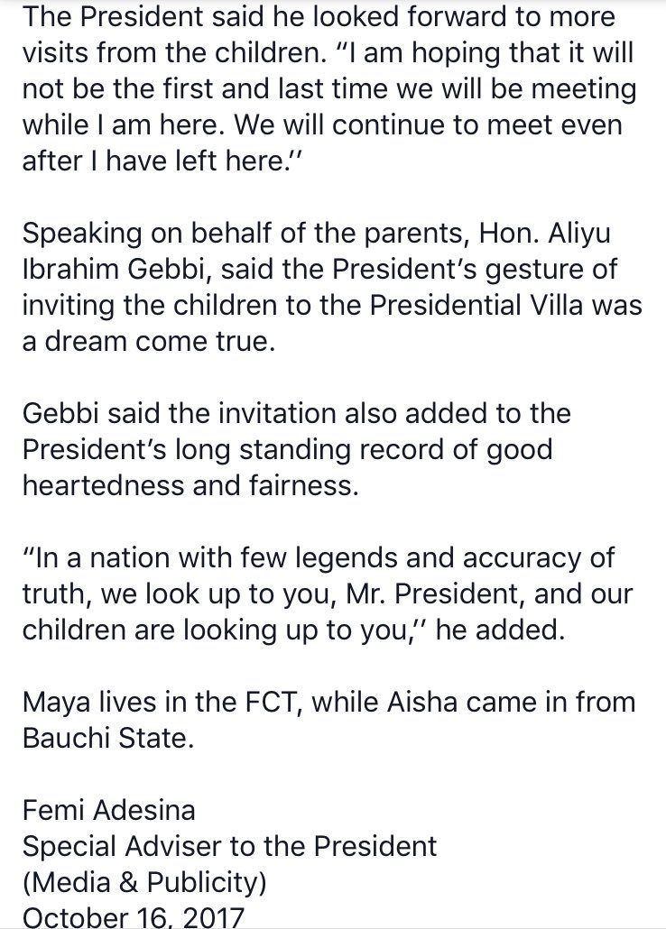 NGRPresident's tweet image. STATE HOUSE PRESS RELEASE: President @MBuhari welcomes young admirers—Nicole, Maya and Aisha—to the State House facebook.com/TheAsoVilla/po…