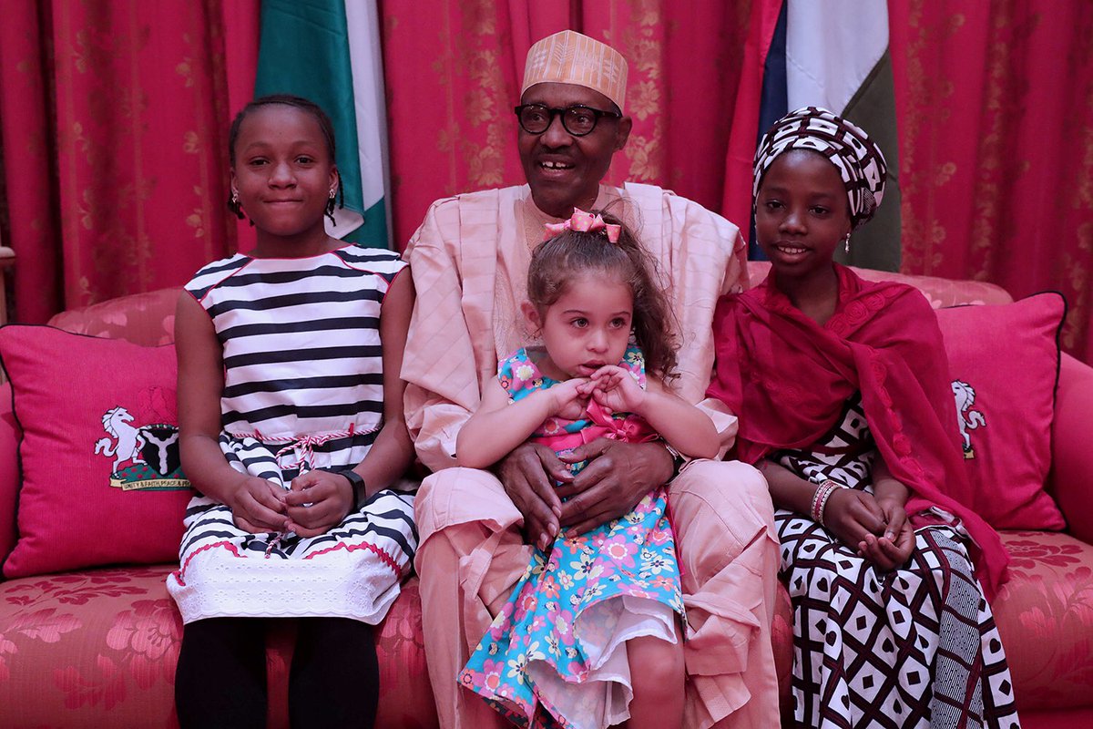 NGRPresident's tweet image. STATE HOUSE PRESS RELEASE: President @MBuhari welcomes young admirers—Nicole, Maya and Aisha—to the State House facebook.com/TheAsoVilla/po…