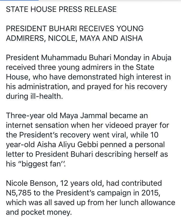 NGRPresident's tweet image. STATE HOUSE PRESS RELEASE: President @MBuhari welcomes young admirers—Nicole, Maya and Aisha—to the State House facebook.com/TheAsoVilla/po…