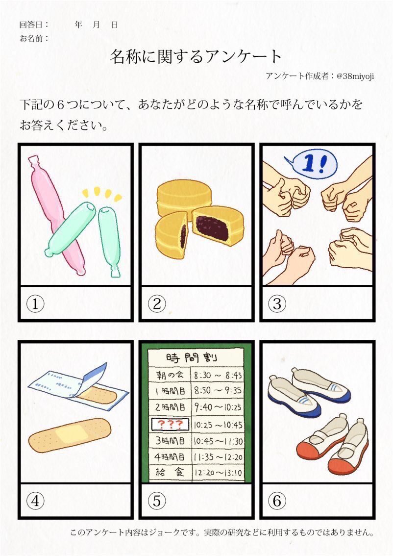 #アレの名前テンプレ
1.チューチューアイス
2.おやき
3.ゆびスマ
4.カットバン
5.きらきらタイム
6.中ズック 