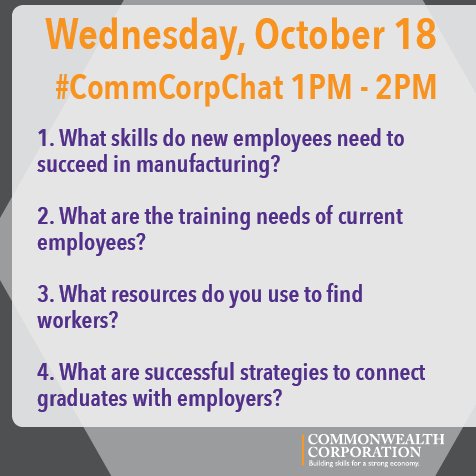 CommCorp_MA's tweet photo. We’ll be talking #training and #manufacturing on 10/18 from 1-2pm. Join the conversation by following #CommCorpChat! #MAmfg2017 #MfgMonth https://t.co/OqAx9P36xj