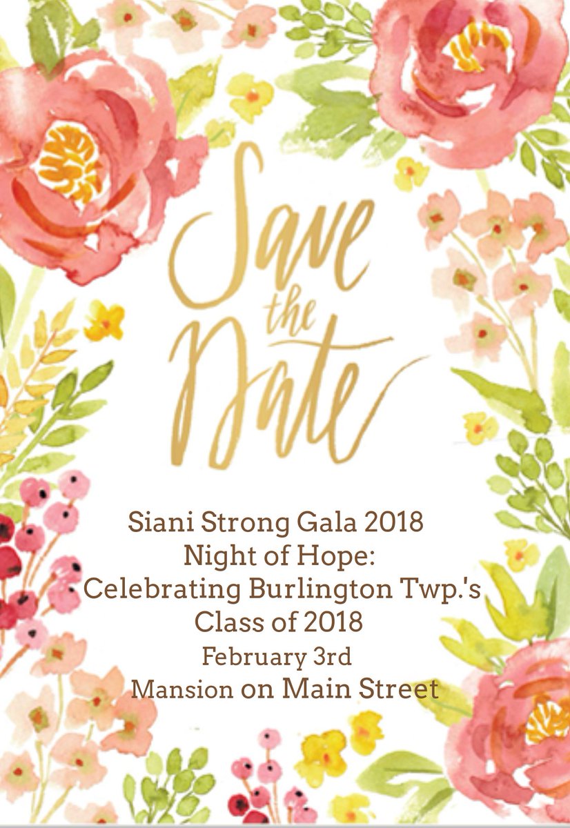 SianiStrong's tweet photo. SAVE THE DATE!🌸💜🌺💜🌻
Siani Strong 2018 Gala, A Night of Hope: Celebrating Burlington Twp.'s Class of 2018, Saturday 2/3/18 at the Mansion. https://t.co/JDXaLTbrSB