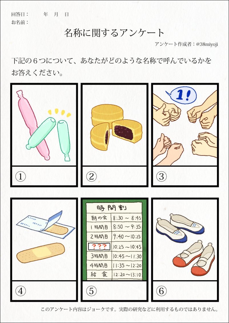 ①ちゅーちゅー
②今川焼き(大判焼きって屋台もあった気がする)
③せっさん
④ばんそーこー、カットバン
⑤20分休み(時間違うな…)
⑥シューズ、上履き 