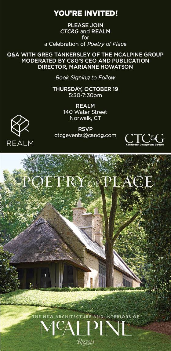 realmcontrol's tweet photo. Join Realm and CTC&amp;G for an exciting Q&amp;A with McALPINE's Greg Tankersley about their new book Poetry of Place.
#norwalk #ct #fairfieldcounty https://t.co/43DjPF6T2I