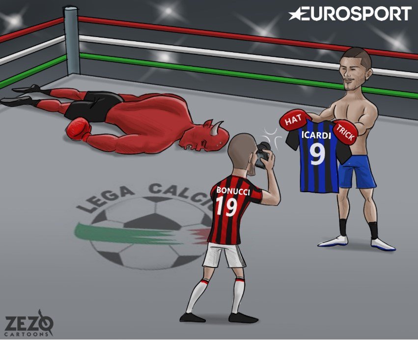 ZEZO_CARTOONS's tweet photo. #InterMilan - #ACMilan 
#DerbyMilano #Icardi #Bonucci 

Cartoon : @Eurosport_UK https://t.co/EfX0P6Cu7g