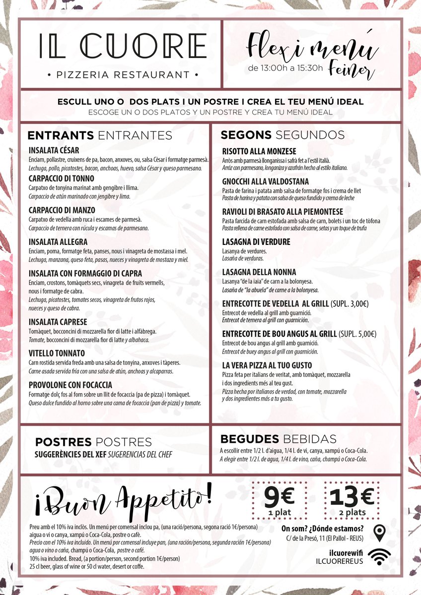 ILCUOREREUS's tweet photo. Aquest és el #FlexiMenú que hem preparat per aquesta setmana. Us esperem a #IlCuore:
📍 C/ de la Presó, 11 
☎️ 977 34 22 47 https://t.co/BnfvIEKPr2