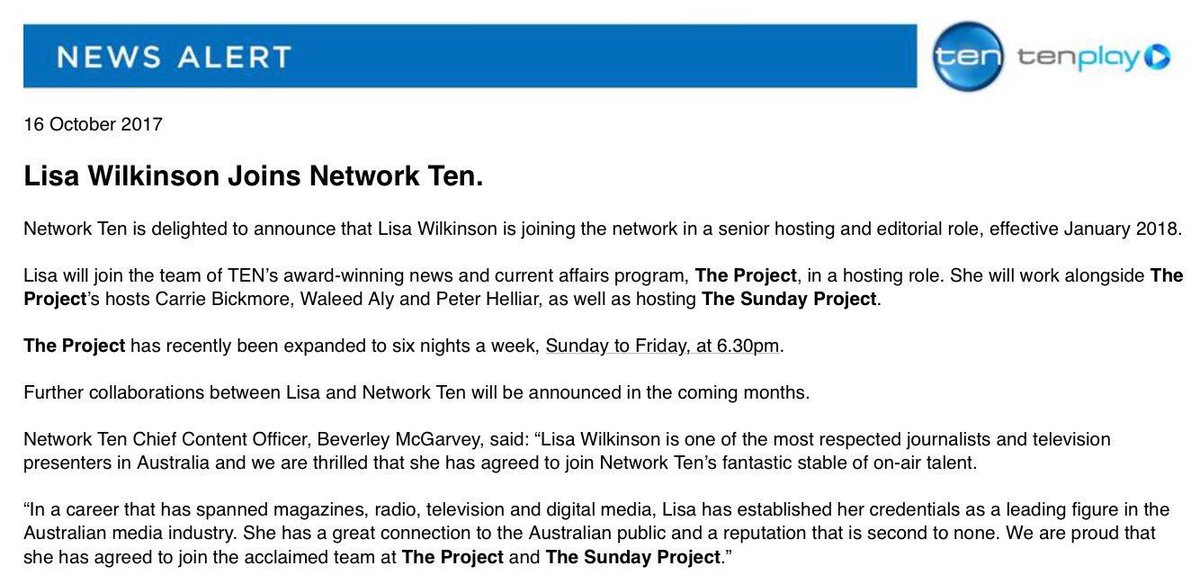 Lisa_Wilkinson's tweet photo. Thanks so much to everyone for all your lovely messages. I have some more news. This statement is from @channelten. I'm absolutely thrilled. https://t.co/7bN9s9TUHn
