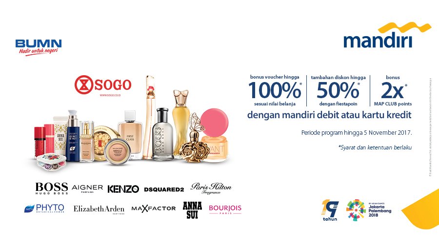 bankmandiri's tweet photo. Yuk, gunakan #mandiricard dan #mandiridebit saat belanja produk kecantikan di @SOGO_IND! #mandiripromo https://t.co/kxGfi82oYt https://t.co/UxC1II3kzt