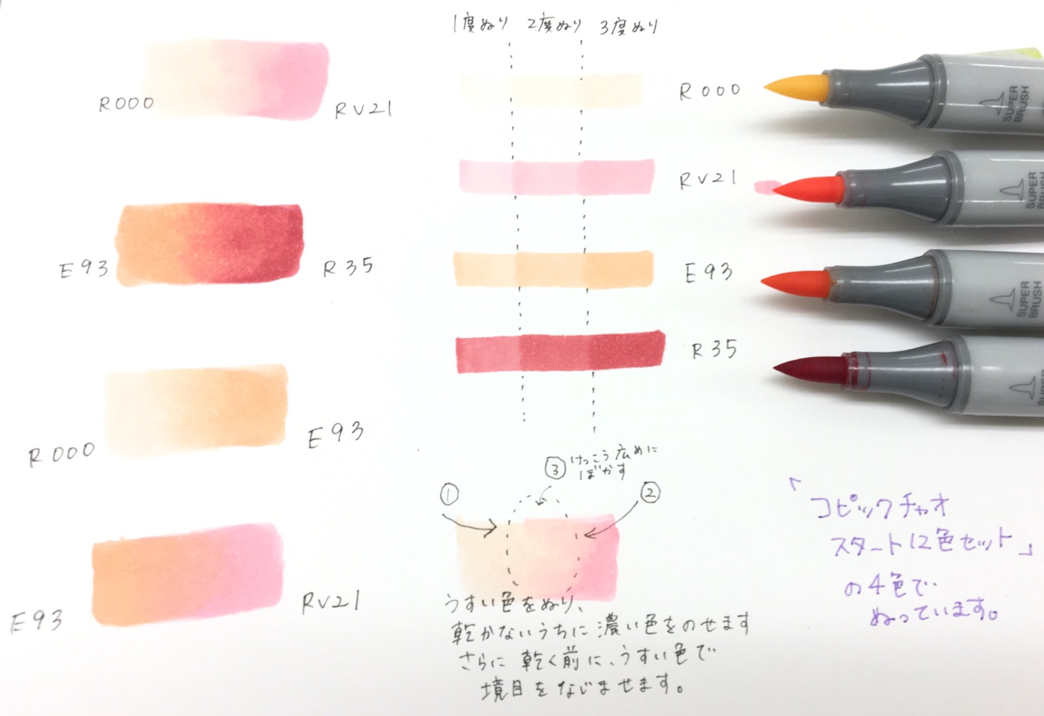 コピック公式 Copic Official 在 Twitter 上 初心者におすすめセット コピックチャオ スタート12色セット から選んだ4色で 二 色グラデをやってみました 薄い色が多く グラデーションがしやすいです イラストに塗るだけじゃなく 紙にどんな色が作れるかを試して