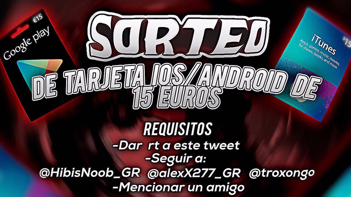 AlexX277_GR's tweet photo. 🎉 Sorteo de una tarjeta de 15€ 🎉

👉🏼 Dar RT.
👉🏼 Seguir a @AlexX277_GR @HibisNoob_GR y @troxongo.
👉🏼 Mencionar a un amigo.

Termina: 16/11/17 https://t.co/vsHmS3F7hz
