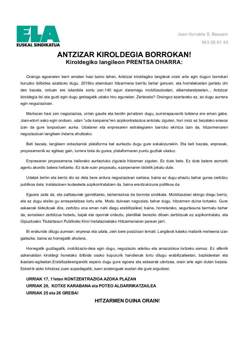 ELAOriaGoierri's tweet photo. Antzizar Kiroldegiko langileen prentsa oharra.
Nota de prensa de lxs trabajadorxs de Antzizar Kiroldegia. https://t.co/PZuhvnOMi1