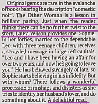 MeadOlivia's tweet photo. Absolutely thrilled with this CORKER of @TheTimesBooks review for @LWilson's THE OTHER WOMAN. Thank you Marcel! #Originalgem 💐🙌👏💜 https://t.co/9rvcugpXRN