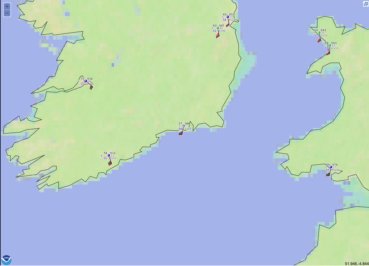 Tylertheweather's tweet photo. Gusts from Ophelia: over 60 kts in SW Ireland incl #Cork, around 50kts from #Limerick, Ireland to #Pembry, Wales https://t.co/rUbTc9AbkO