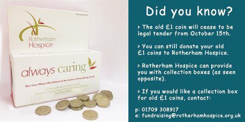 RotherHosp's tweet photo. As the old £1 coin ceases to be legal tender today, you can still donate them to the Hospice
We can also provide collection boxes if needed! https://t.co/6pCFcaOOU0