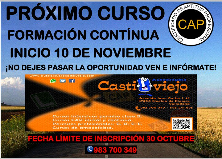¡¡ÚLTIMO CURSO DEL AÑO!!
TWITTEA A TUS AMIGOS ESTE MENSAJE Y LES PODRÁS AHORRAR HASTA 2000€ DE MULTA.
A.E Castilviejo ¡¡Tu Autoescuela!!