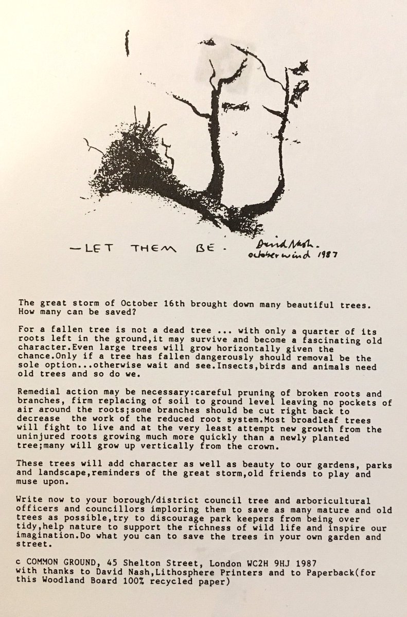 CommonGroundLab's tweet photo. "LET THEM BE" In the aftermath of the Great Storm of 1987 David Nash and Common Ground published thousands of free postcards with the idea that a fallen tree was not a dead tree. On the 30th anniversary of one storm and cusp of another, our mantra is still "DON'T CHOP THEM UP"! https://t.co/MVAEoameUL