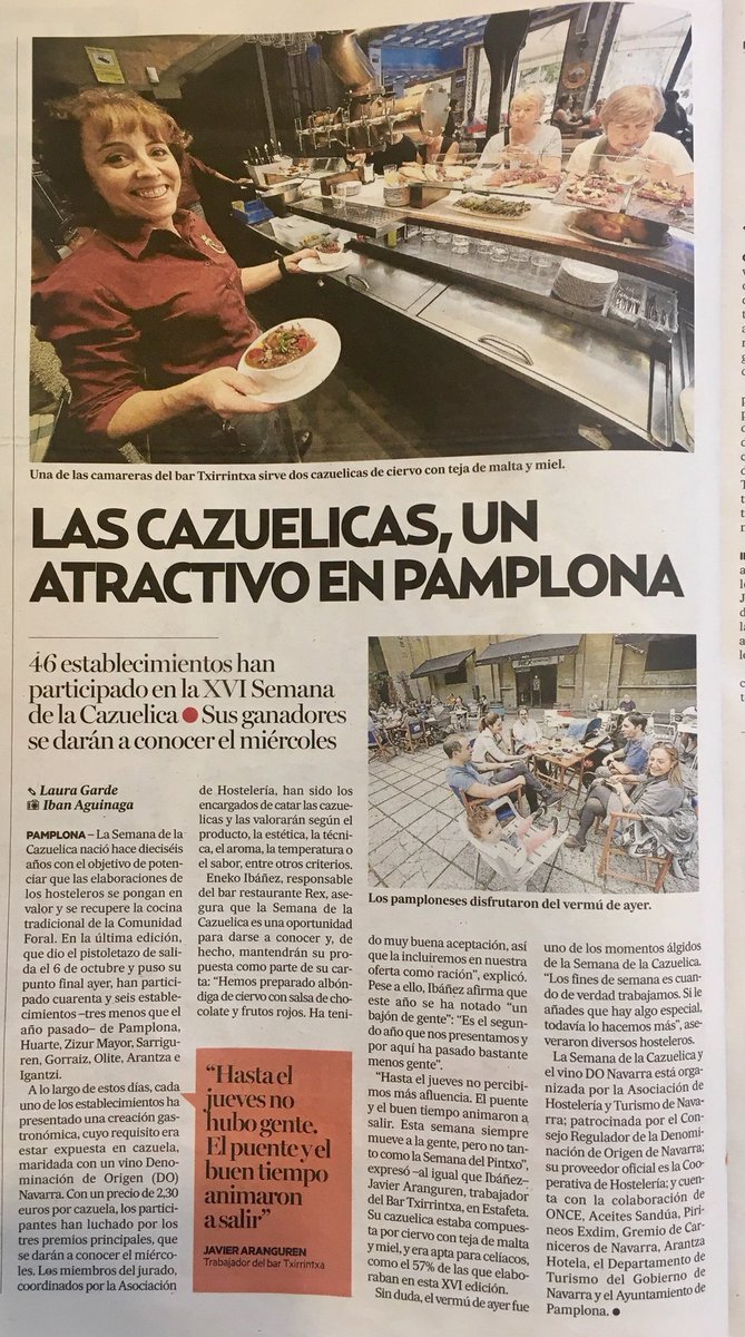 Txirrintxa's tweet photo. Alicia y nuestra #CazuelicayVino17 en portada de la #noticia de la @cazuelicayvino del @NoticiasNavarra. 😍😍👏🏼👏🏼 #Pamplona #Gastronomia https://t.co/mdAkgboRwN