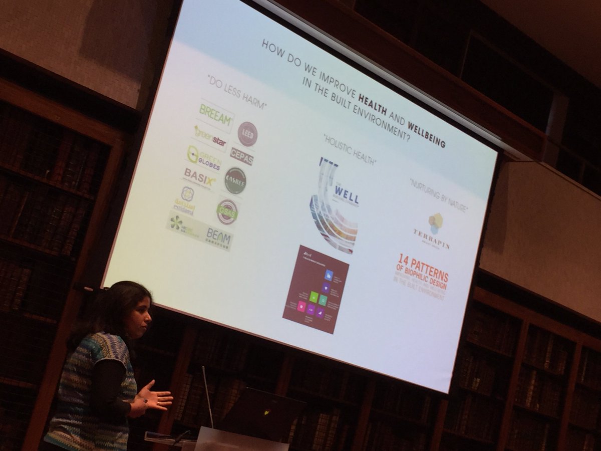 MarcusxGrant's tweet photo. Anu Sabherwal @schmoooze Three approaches emerging in healthy design: Do less harm, create wellness, focus on nature #HCD2017 @bgreencapital https://t.co/5qjXjO5mfJ