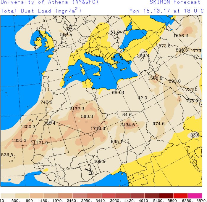 Large amounts of Saharan dust advected into W Europe ahead of #Ophelia today - have you seen reddish orange skies? Map: SKIRON