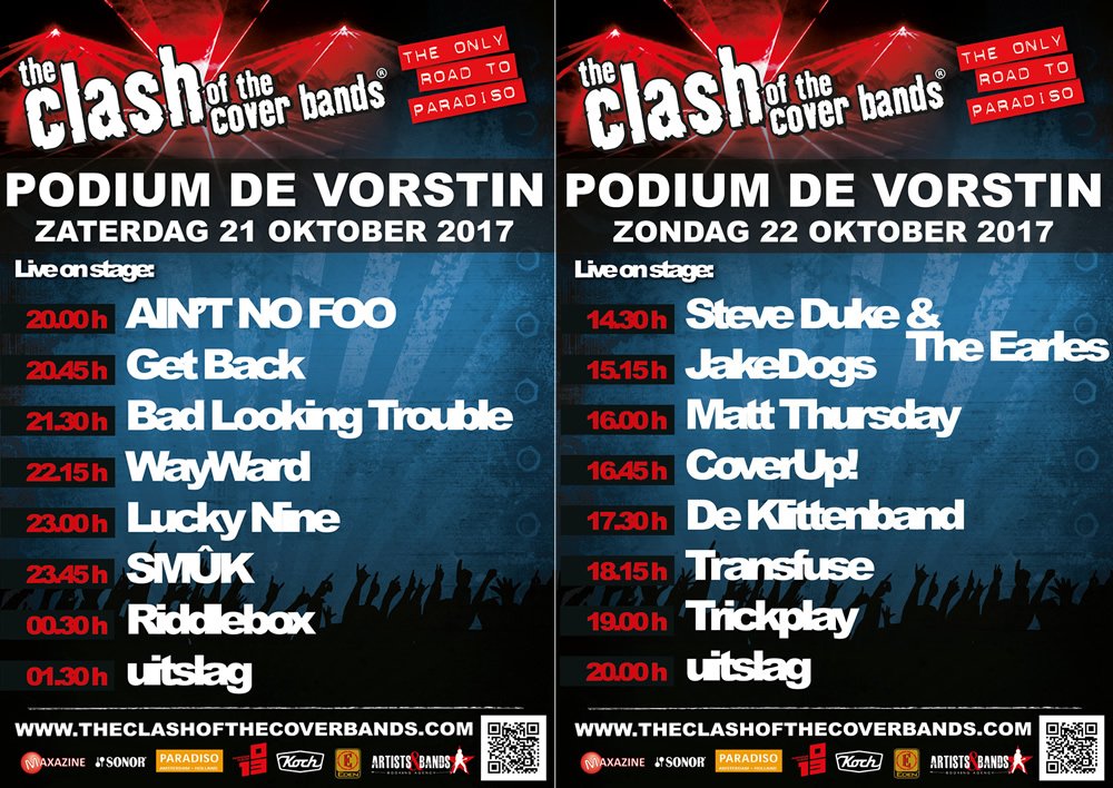 Nog een paar dagen en dan gaan we los!!! 14 beste coverbands strijden in <a href="/deVorstin/">De Vorstin</a> op plaats <a href="/ParadisoAdam/">Paradiso Amsterdam</a>. Info: theclashofthecoverbands.com