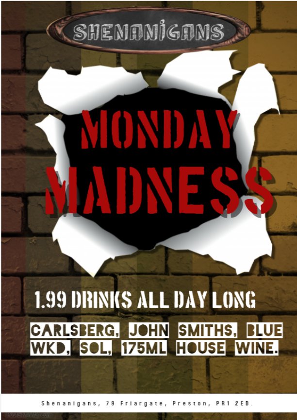 ShenanigansPRE's tweet photo. MoNdAy MaDnEsS
£1.99 drinks ALL DAY!
Carlsberg, John Smiths, Blue WKD, Sol and 175ml House white/rose/red wine.
:) https://t.co/wDIpJaabqX