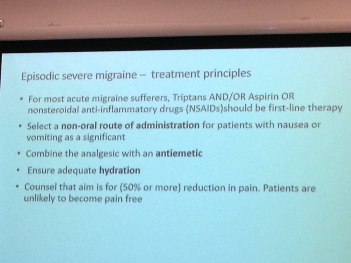 DrLindaDykes's tweet photo. Episodic severe migraine: tryptan + NSAID + anti-emetic. Avoid opiates. Expectation manage: aim c50% ⬇️ pain. #RCEMasc https://t.co/VjuzyliPHz