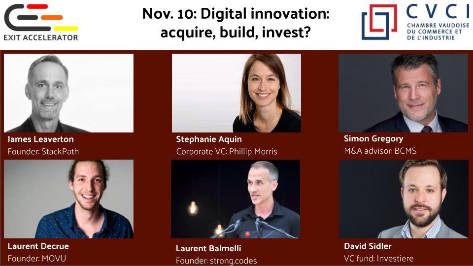 ExitAccelerator's tweet photo. Digital #innovation: #acquire, build, #invest? Panel discussion w/ #entrepreneurs, #venturecapital investors, M&amp;A 
https://t.co/Nki7anlB2g https://t.co/nHE65ASlaM