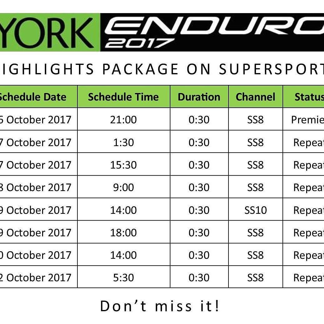 YorkAdventure's tweet photo. York Enduro 2018 Highlights Broadcast Schedule.  Showing tonight.  Don't miss it! https://t.co/ZnH4jeXd52