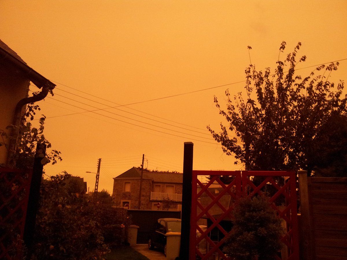 NicTopt's tweet photo. Un incendie au Portugal et une tempête de sable au Sahara produit un  ciel tout jaune et sombre ici en Bretagne. Il fait presque nuit à 13H https://t.co/VP1ohivEXW