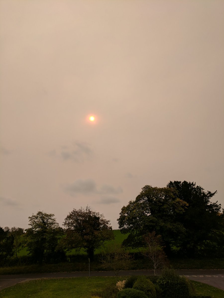 The sky and sun are a really odd colour...I reckon the might be a storm brewing. Batton down the hatches Toto! #Ophelia