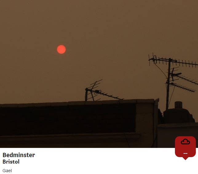 bbcweather's tweet photo. Street lights have come on in some areas. Red/dark sky connected to #Ophelia dragging in Saharan dust &amp; Iberian wildfire smoke. Jo https://t.co/PXZTGBTEE8