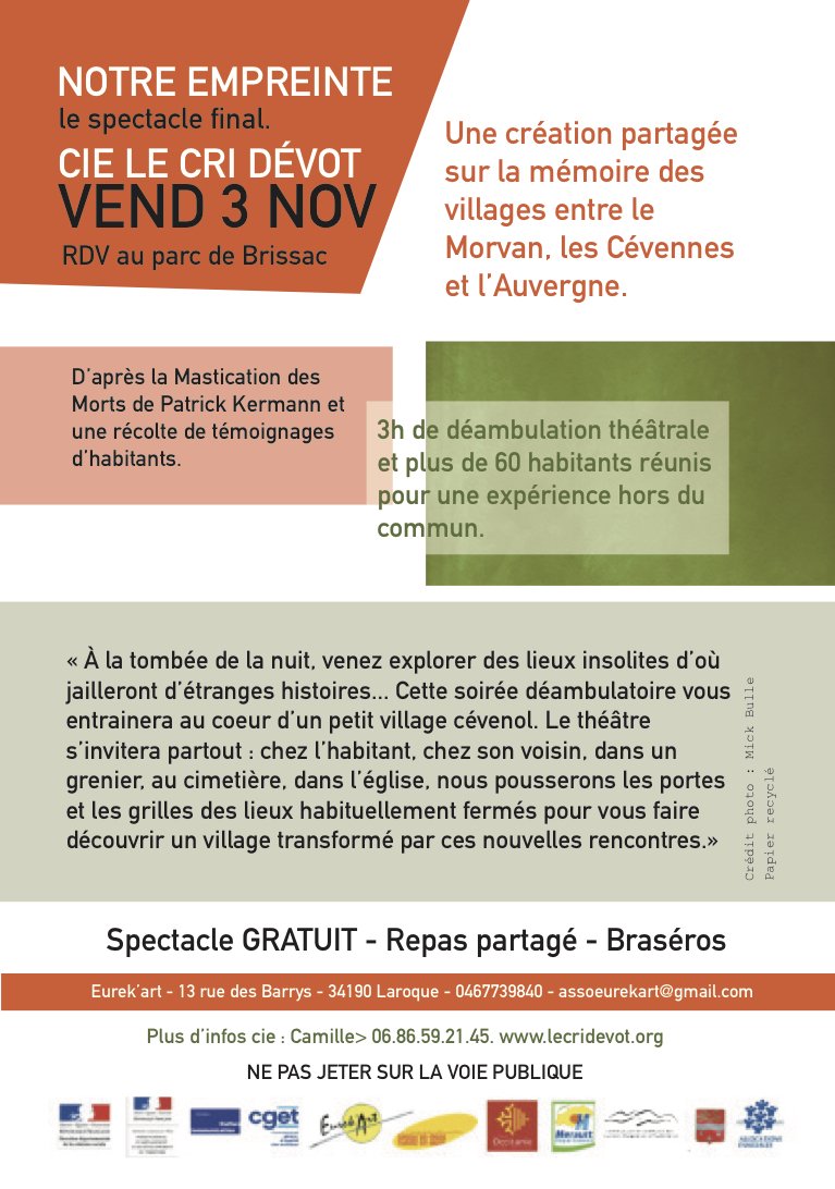 LabelRue's tweet photo. RDV vendredi 3 novembre à 19h au Parc de Brissac pour une soirée de théâtre déambulatoire ! Découverte insolite du village et convivialité ! https://t.co/Q84ITk9Ru6