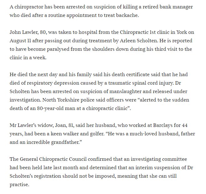 ShaunLintern's tweet photo. Chiropractor arrested over patient death. @UK_GCC said no need for interim suspension. Something doesn't add up: https://t.co/4XtIJ0sY7c https://t.co/C8hEeSQs0h