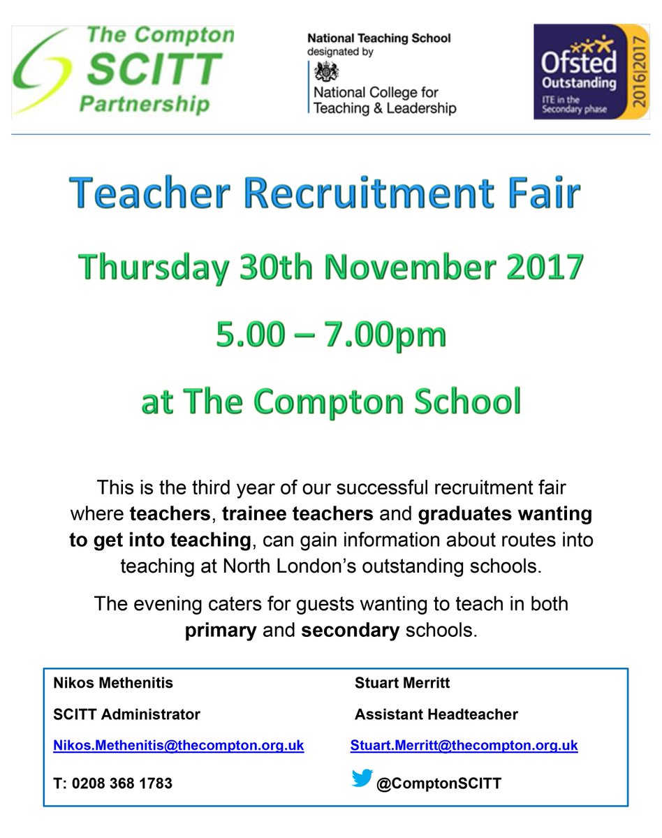 thecompton's tweet photo. Teacher Recruitment Fair @thecompton on Thursday 30th November 2017, 5.00pm – 7.00pm. #ComptonSCITT #getintoteaching https://t.co/QDOHBnfvp4