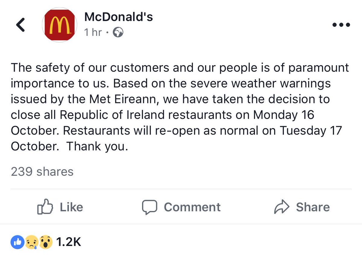 ThatsSoIrish's tweet photo. You know it's serious when McDonald's closes 👀 #Ophelia https://t.co/KSIc8osaUP