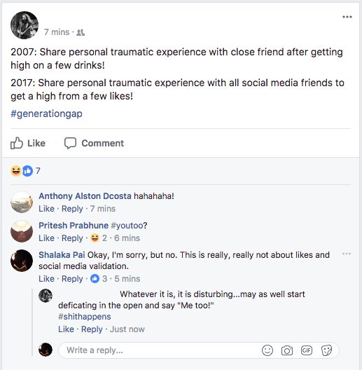 Hey guys. Here's a crash course in how NOT to react to all the stories of abuse people are sharing. 
Took this screenshot before unfriending