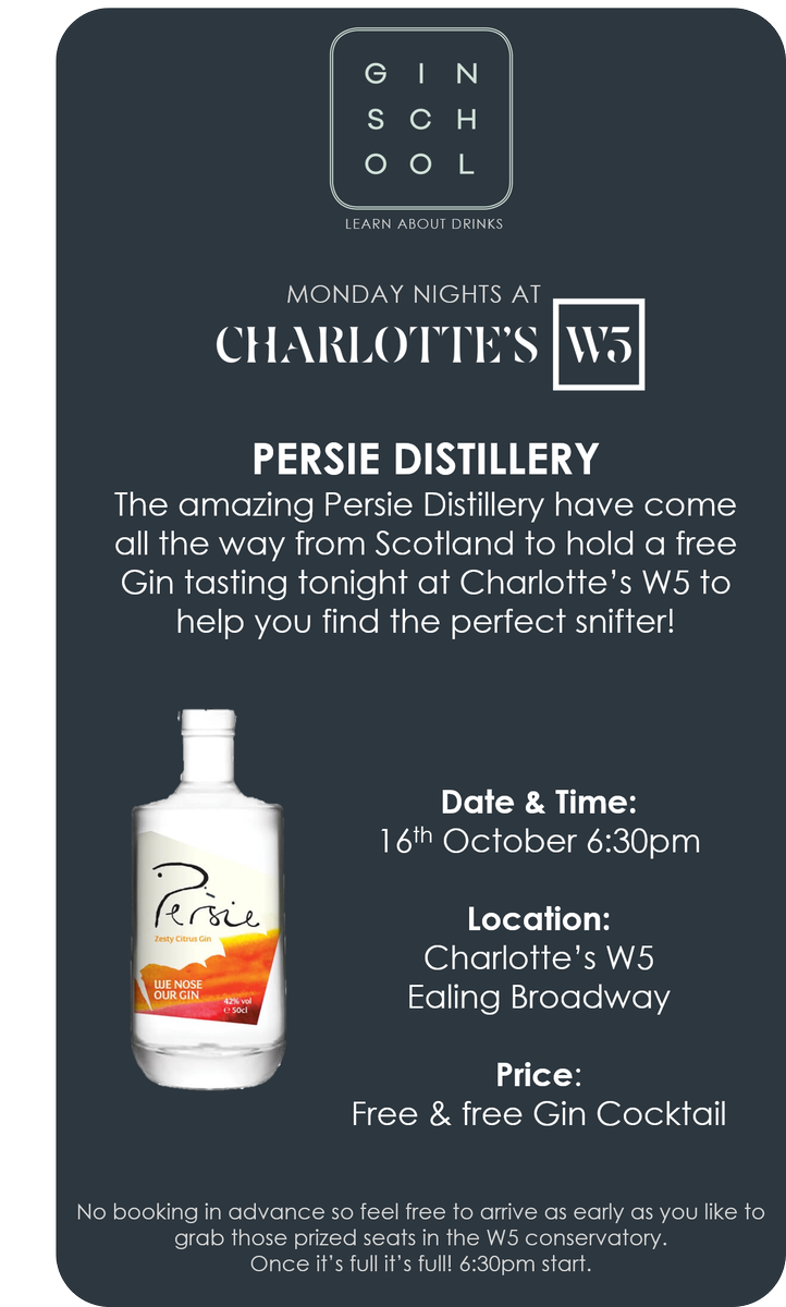 GinSchool's tweet photo. Join us at #CharlottesW5 #Ealing tonight for a free #gintasting + cocktail from the awesome @PersieGin #ginschool #ealingrestaurant #snifter https://t.co/F6Q9Mmsgdw