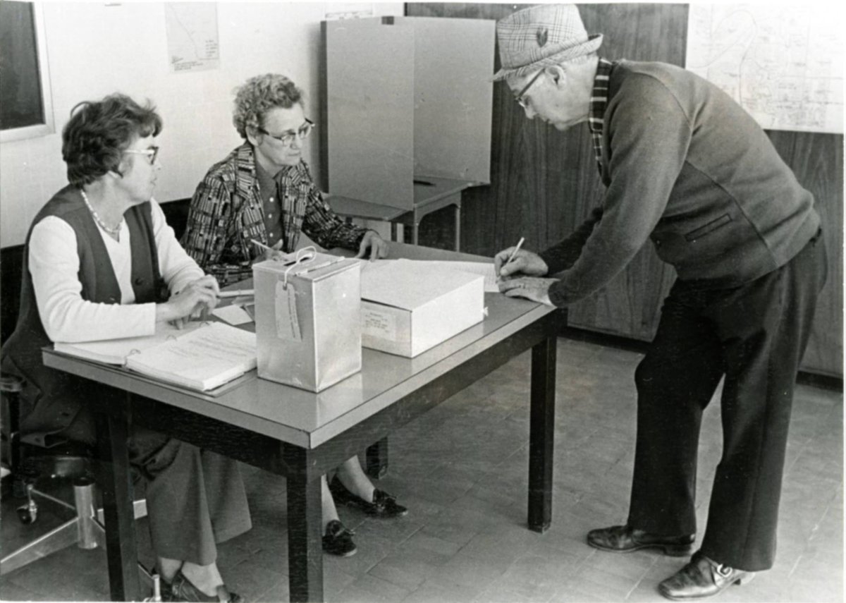 Election Day ! Polls open at 10 am until 8 pm. Photo shows polling station in Red Deer in 1974. <a href="/MichaelDawe1/">Michael Dawe</a> #reddeer