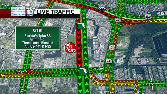 CRASH: Florida's Tpke SB & Griffin Rd. Three lanes are blocked. Expect heavy delays. Alts: US-441, I-95, & US-1. https://t.co/reZEsSK4e7