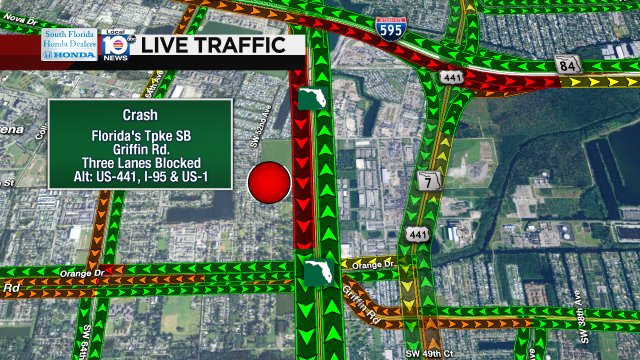 CRASH: Florida's Tpke SB & Griffin Rd. Three lanes are blocked. Expect heavy delays. Alts: US-441, I-95, & US-1. https://t.co/EIMgmPEbpY