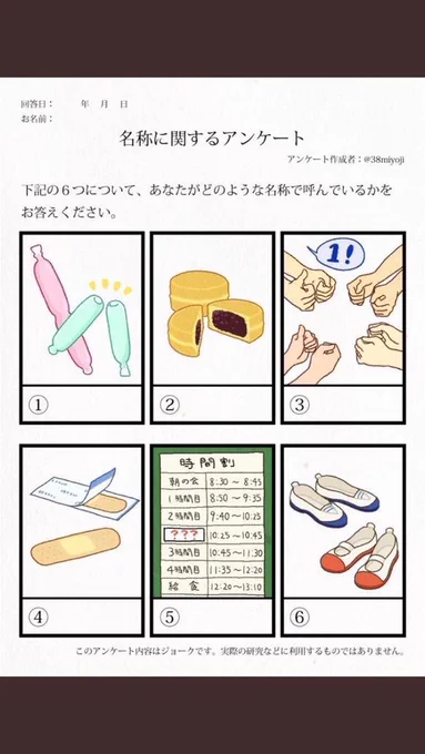 ①チューペット
②今川焼き
③チッチ
④絆創膏
⑤(こんな休み時間あったか…?)
⑥上履き 
