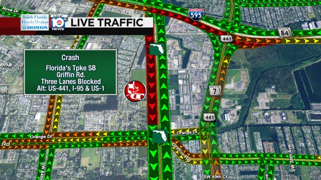 CRASH: Florida's Tpke SB & Griffin Rd. Three lanes are blocked. Alts: US-441, I-95, & US-1. #TRAFFIC https://t.co/TGq3ce5Vk8