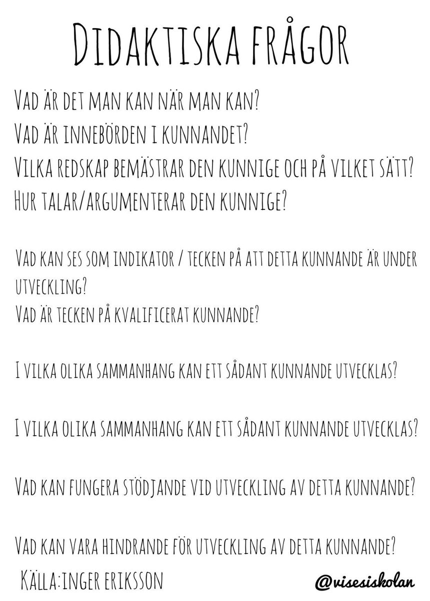 visesiskolan's tweet photo. Inger Erikssons didaktiska frågor, vilka hjälper oss att utveckla vår undervisning. #B216 #alviksskolan #ämnesteamsvenska https://t.co/Qujlve7Mgk