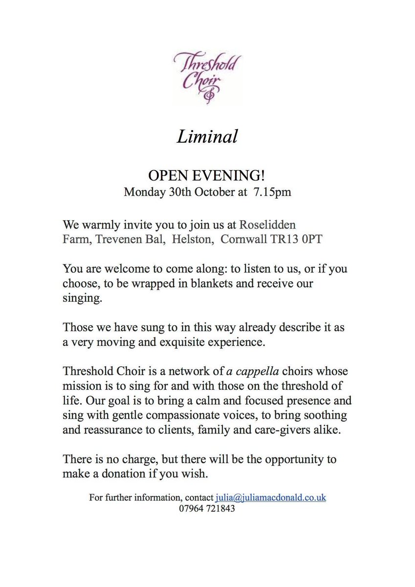We are looking forward to the beautiful sounds of Liminal Threshold Choir on 30th October, 7.15pm. Do come and enjoy the experience #Helston