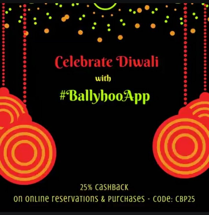 Anamika93817250's tweet photo. Celebrate Diwali with Ballyhootsav!
25% Cashback on Online Reservations & Purchases - Code:CBP25
#ballyoOtsav #foods #drinks #liveoffers https://t.co/8mjJImc3Wb