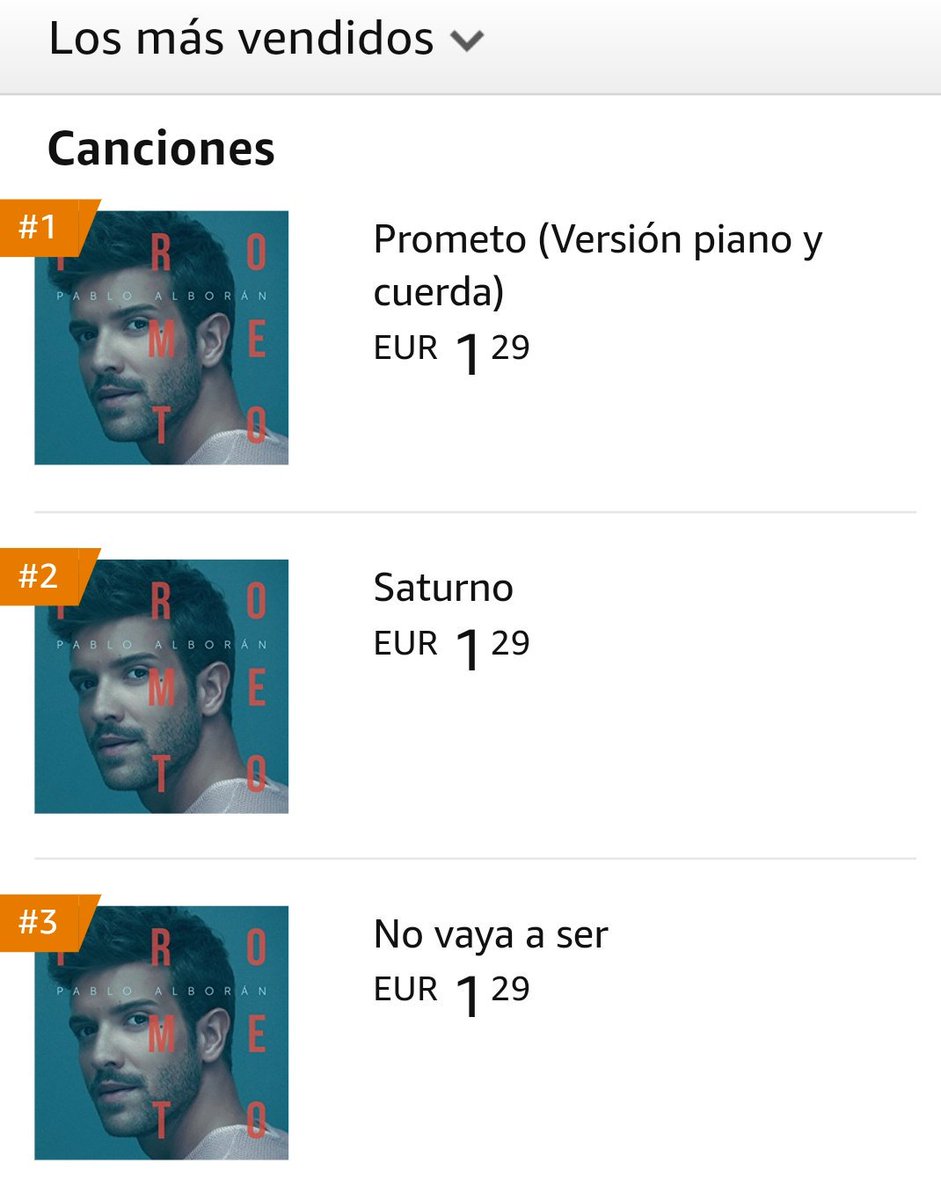 .<a href="/pabloalboran/">Pablo Alborán</a> se mantiene en el N1 en iTunes con su tema #Prometo y hace triplete en Amazon con #Prometo, #Saturno y #NVAS. ¡Enhorabuena! 👏