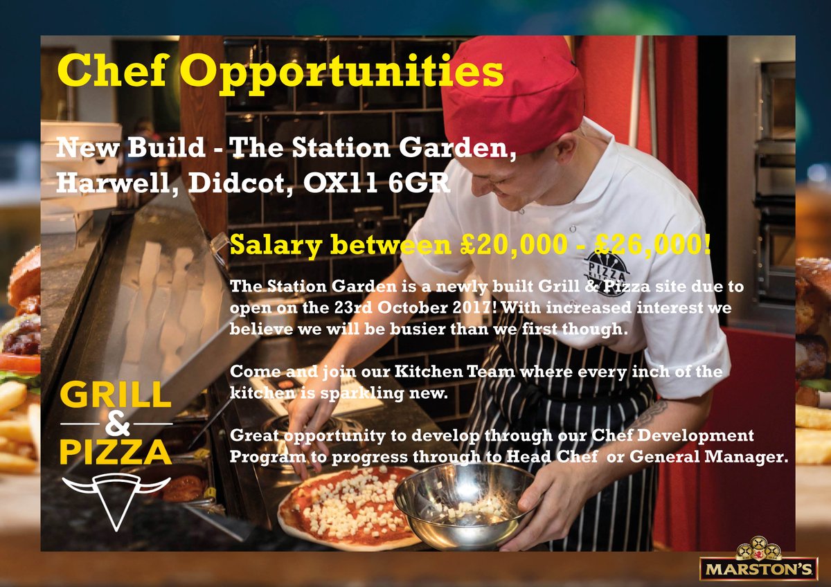 MarstonsCareers's tweet photo. Great Chef Opportunities available at our new Grill &amp; Pizza site The Station Garden in #Didcot contact Laura, General Manager on 07970389130 https://t.co/51zT3GjK59